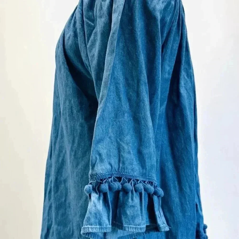 Women 3/4 Sleeve Pull Over Off the Shoulder Pom-Pom Blue Tunic Shirt Size Large - Picture 6 of 11